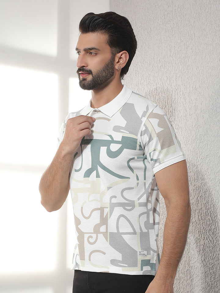 cobb white printed polo neck t-shirt
