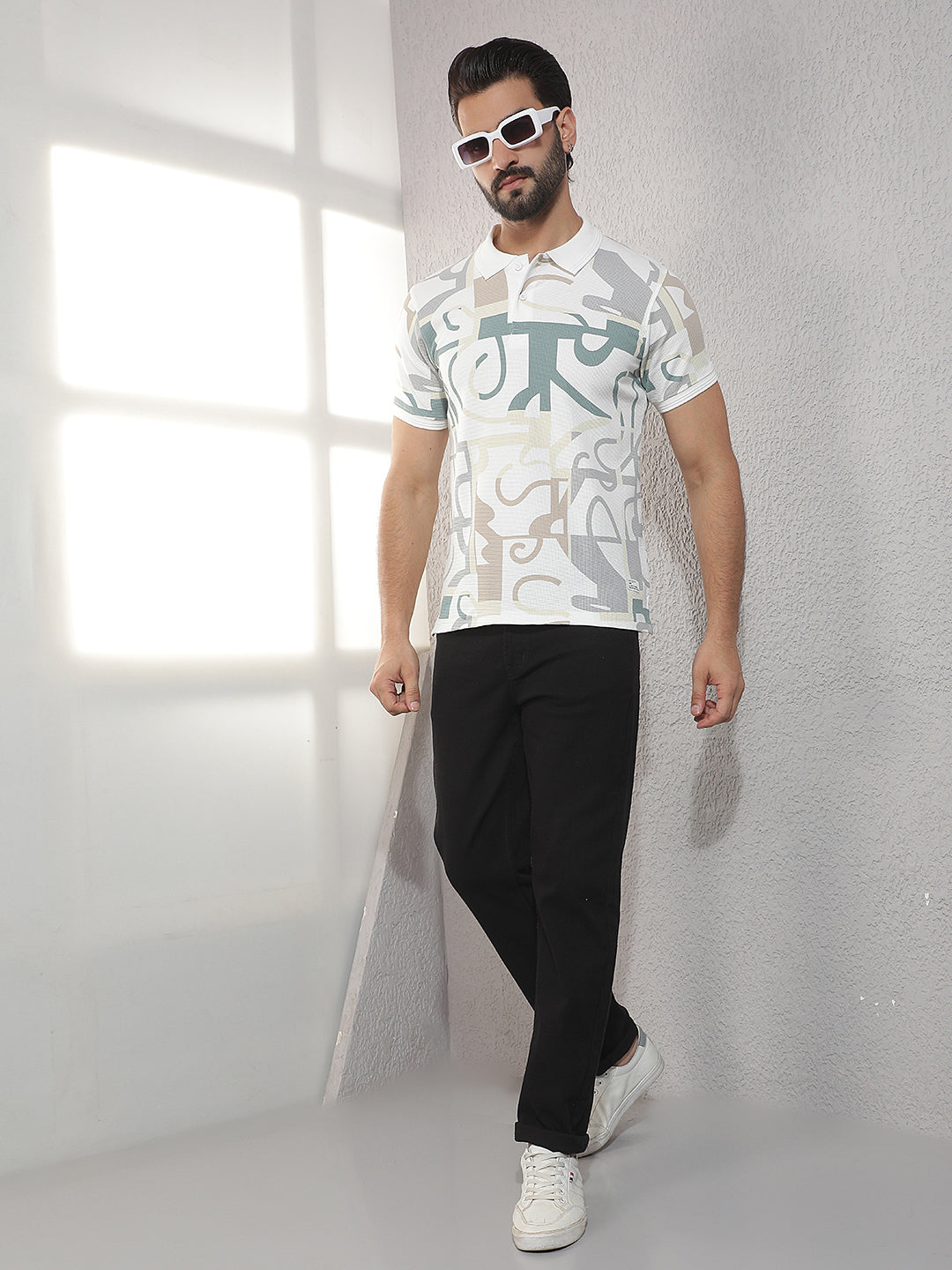 COBB WHITE PRINTED POLO NECK T-SHIRT
