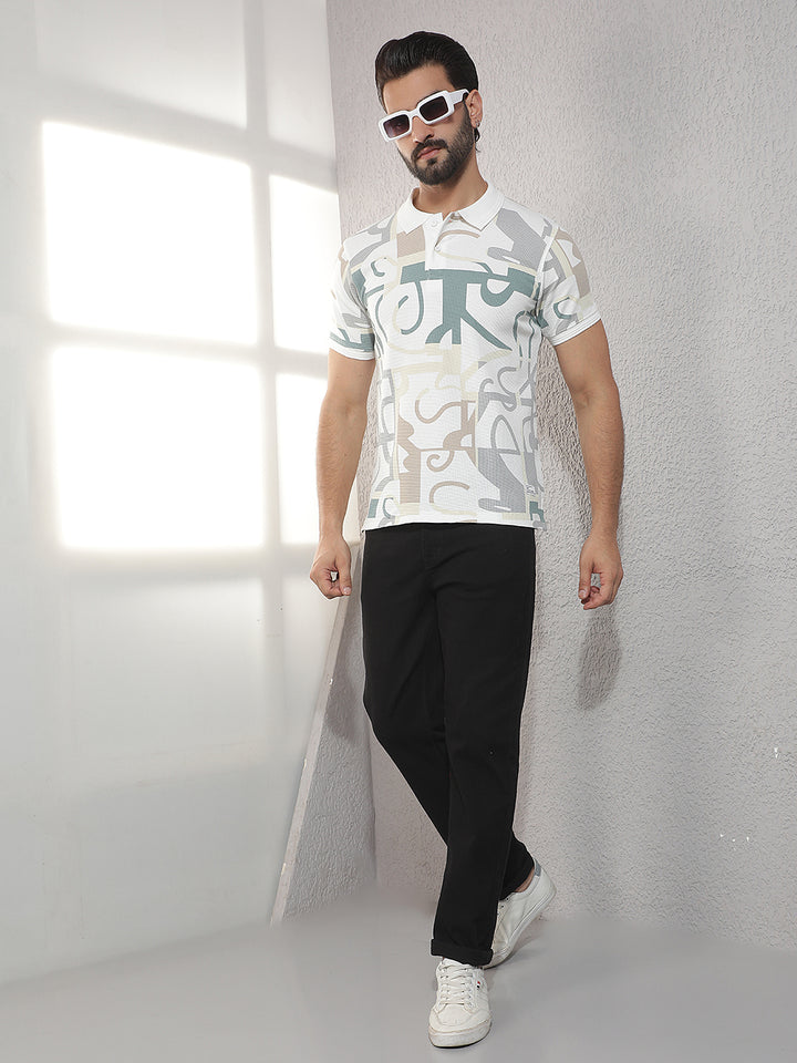 COBB WHITE PRINTED POLO NECK T-SHIRT