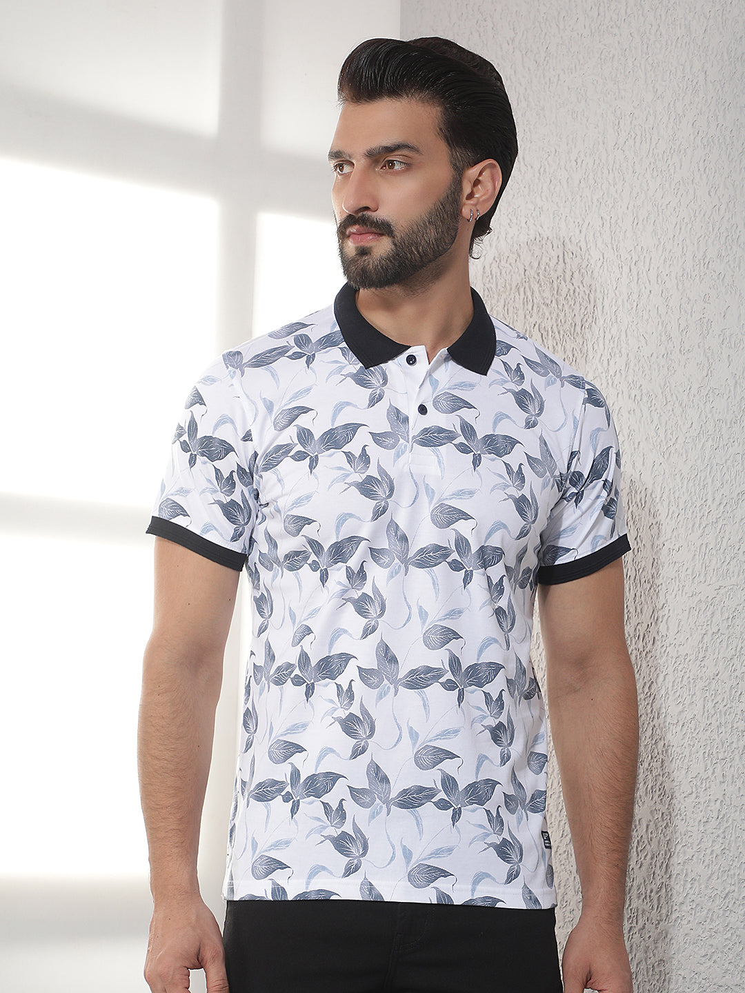 cobb white printed polo neck t-shirt
