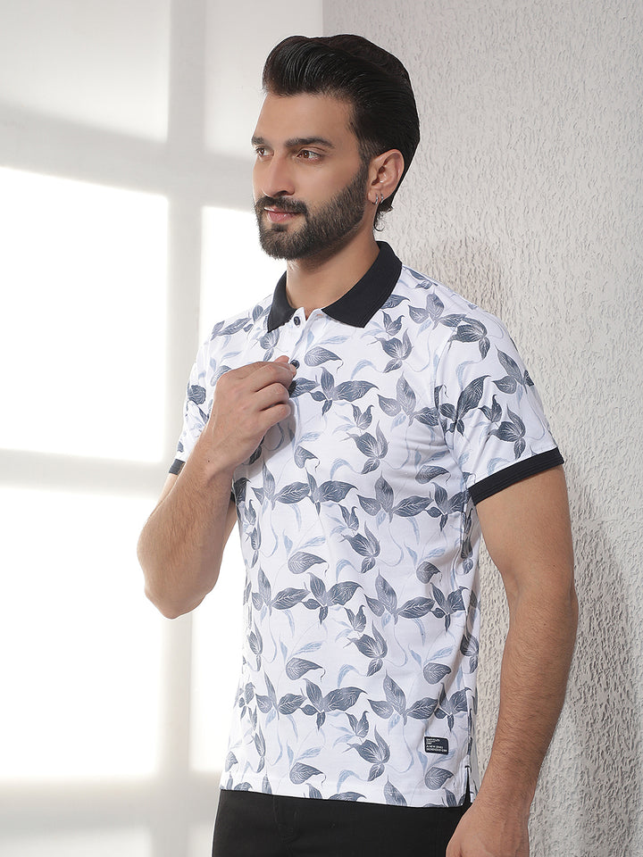 cobb white printed polo neck t-shirt