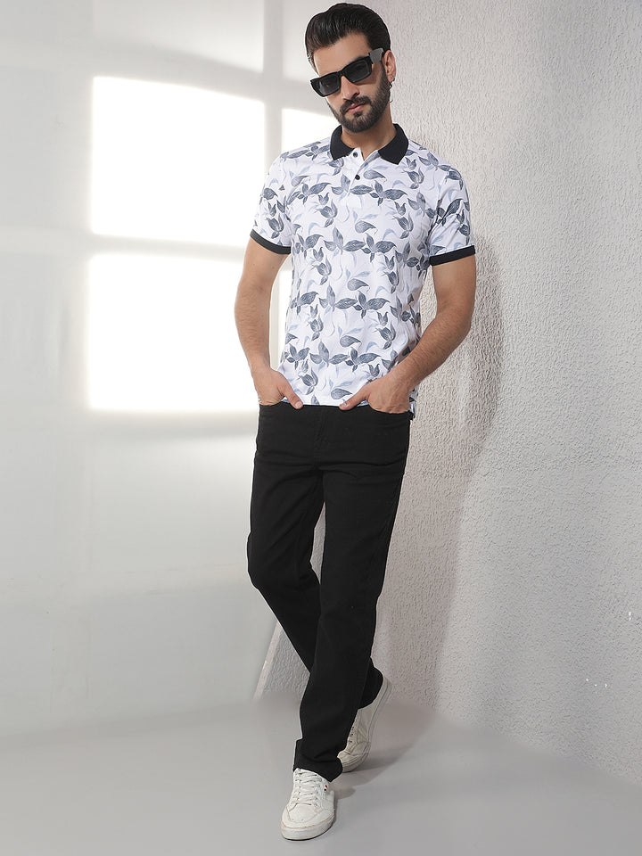 COBB WHITE PRINTED POLO NECK T-SHIRT