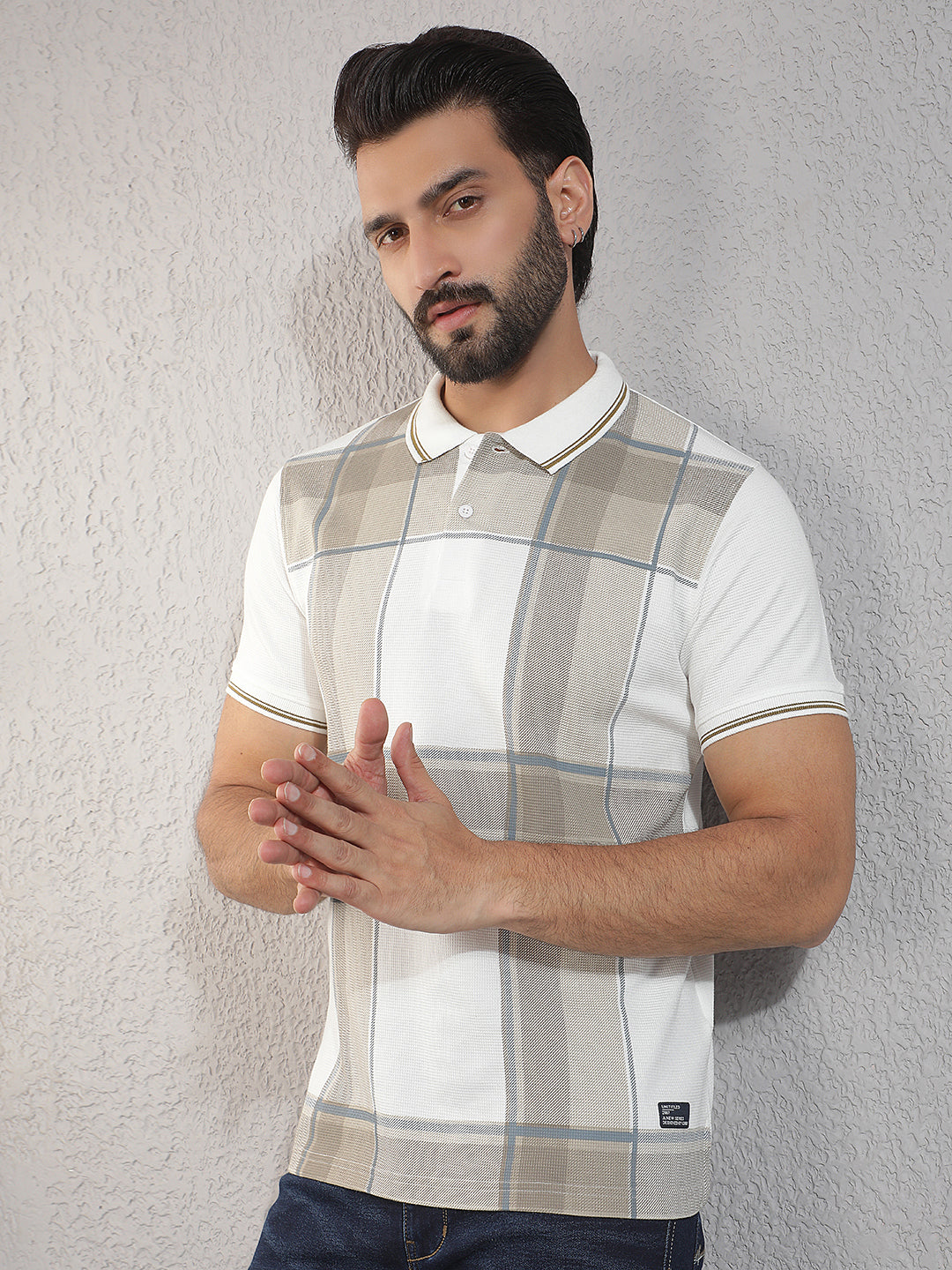 cobb cream checked polo neck t-shirt