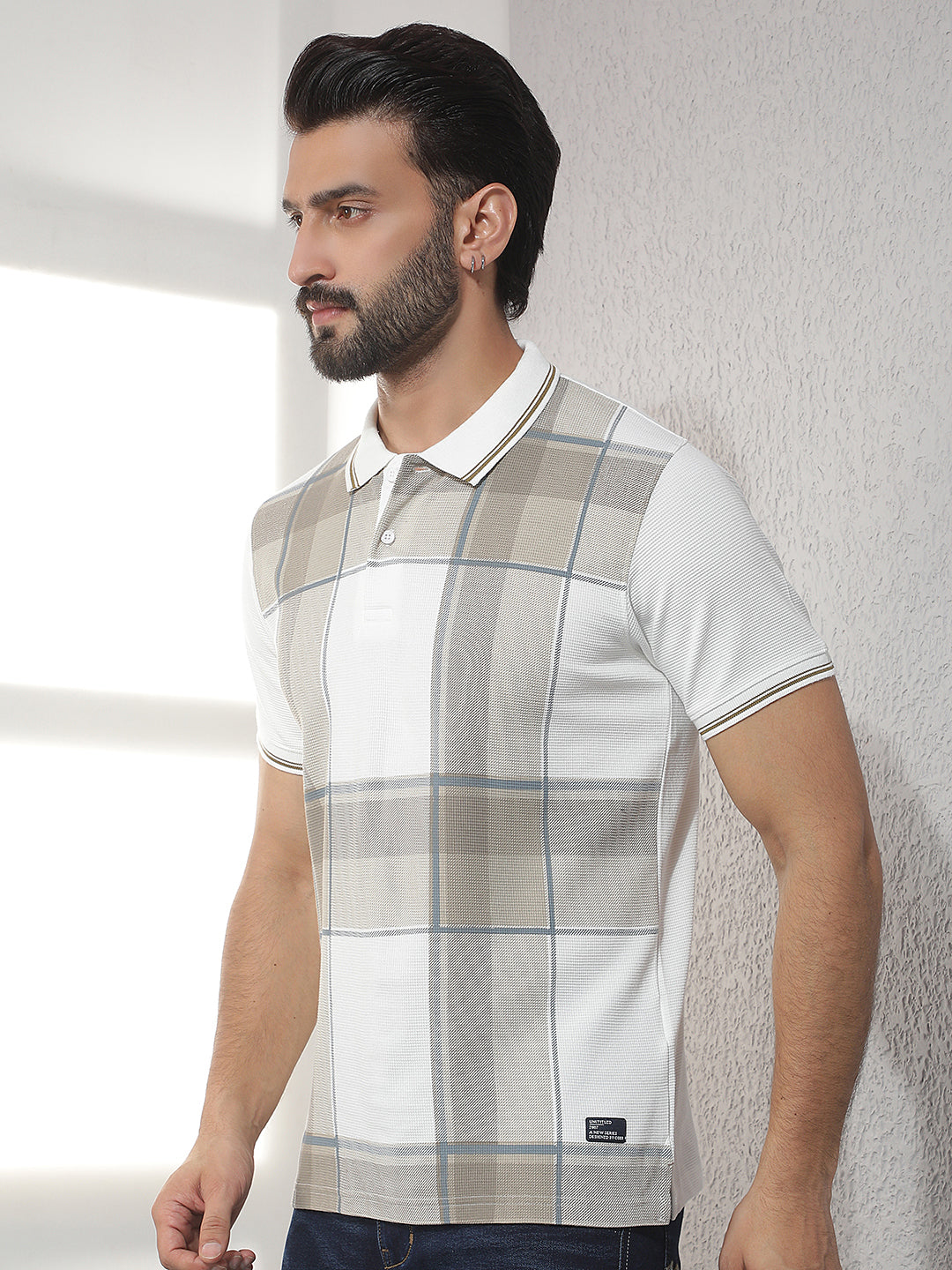 cobb cream checked polo neck t-shirt