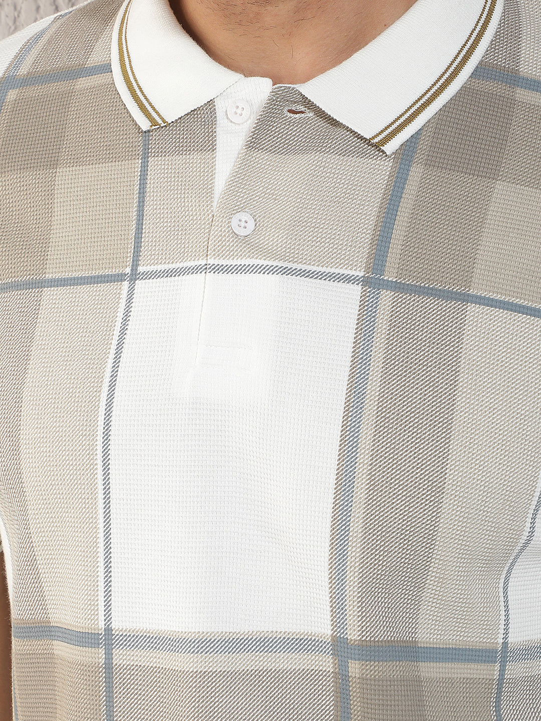 COBB CREAM CHECKED POLO NECK T-SHIRT