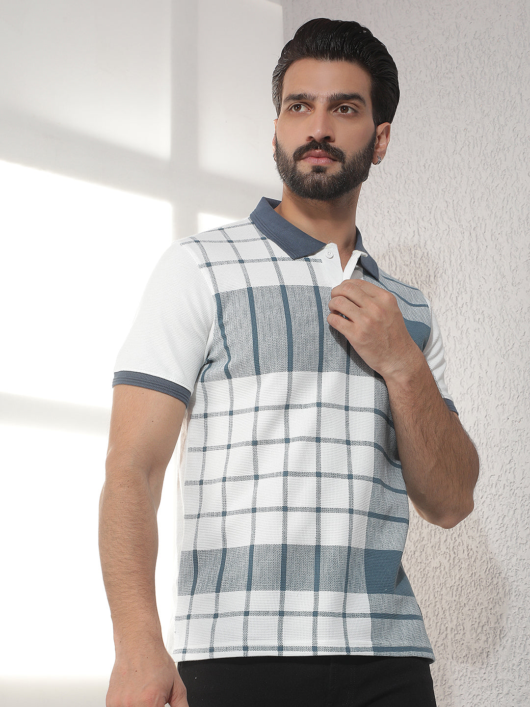 cobb white checked polo neck t-shirt