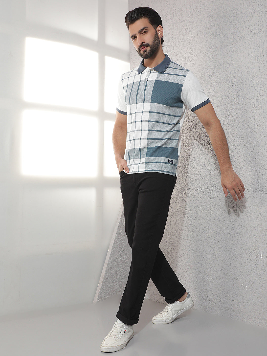 COBB WHITE CHECKED POLO NECK T-SHIRT