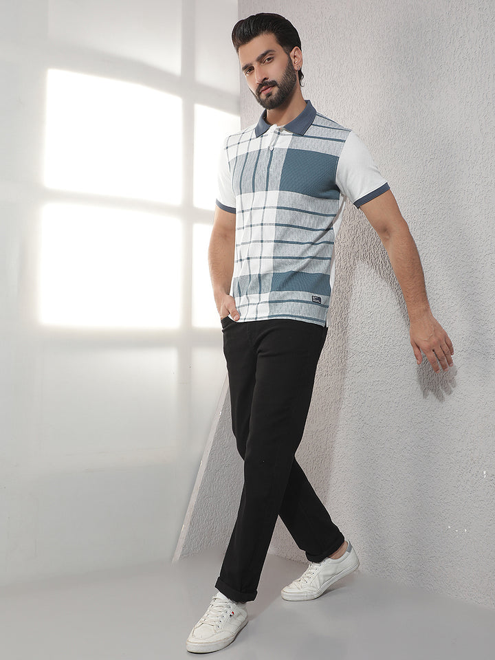 COBB WHITE CHECKED POLO NECK T-SHIRT