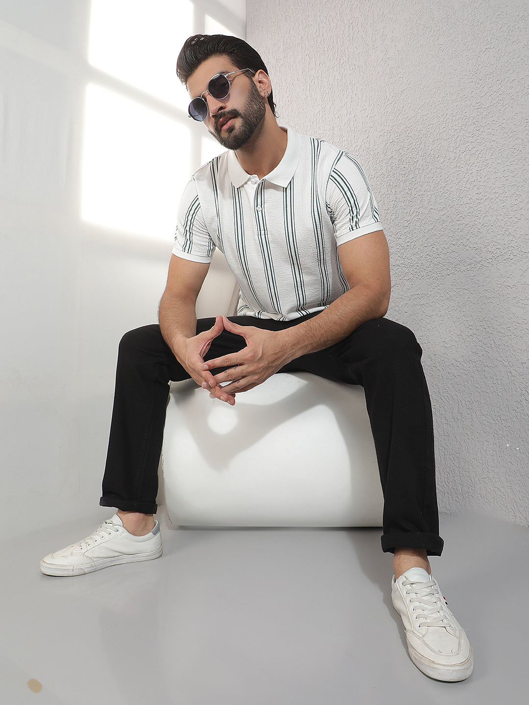 COBB WHITE STRIPED POLO NECK T-SHIRT