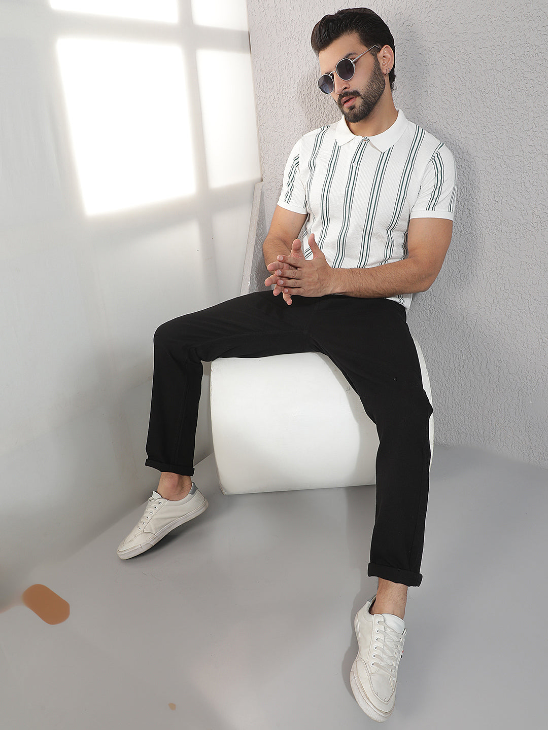 COBB WHITE STRIPED POLO NECK T-SHIRT
