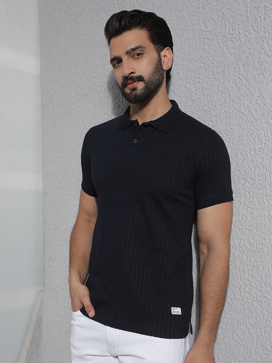 cobb navy blue solid polo neck t-shirt