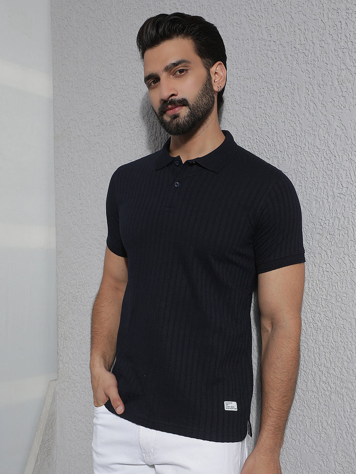 cobb navy blue solid polo neck t-shirt