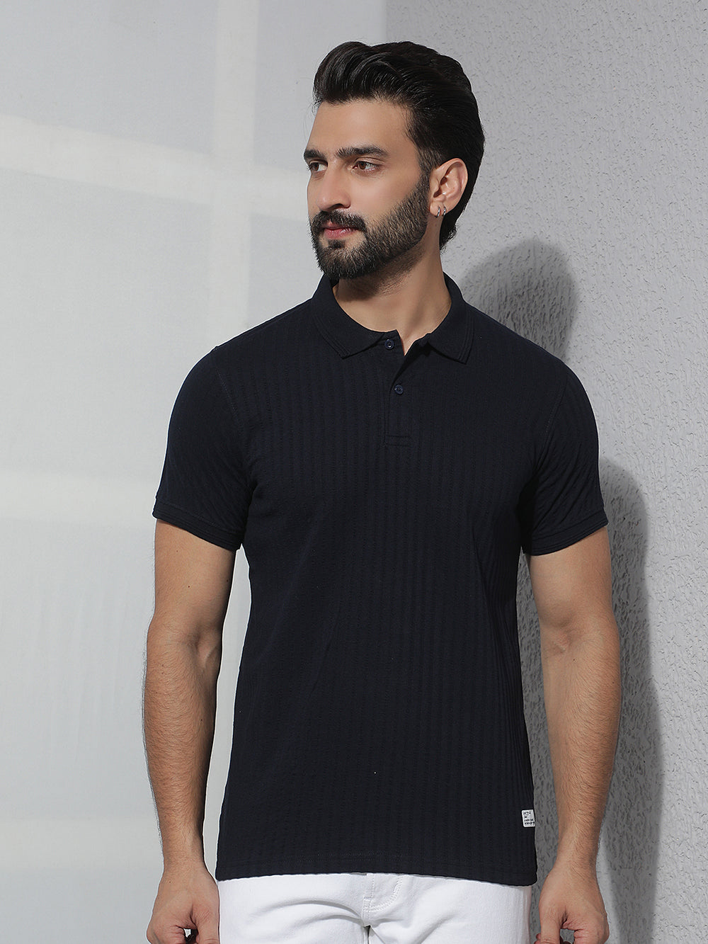 cobb navy blue solid polo neck t-shirt