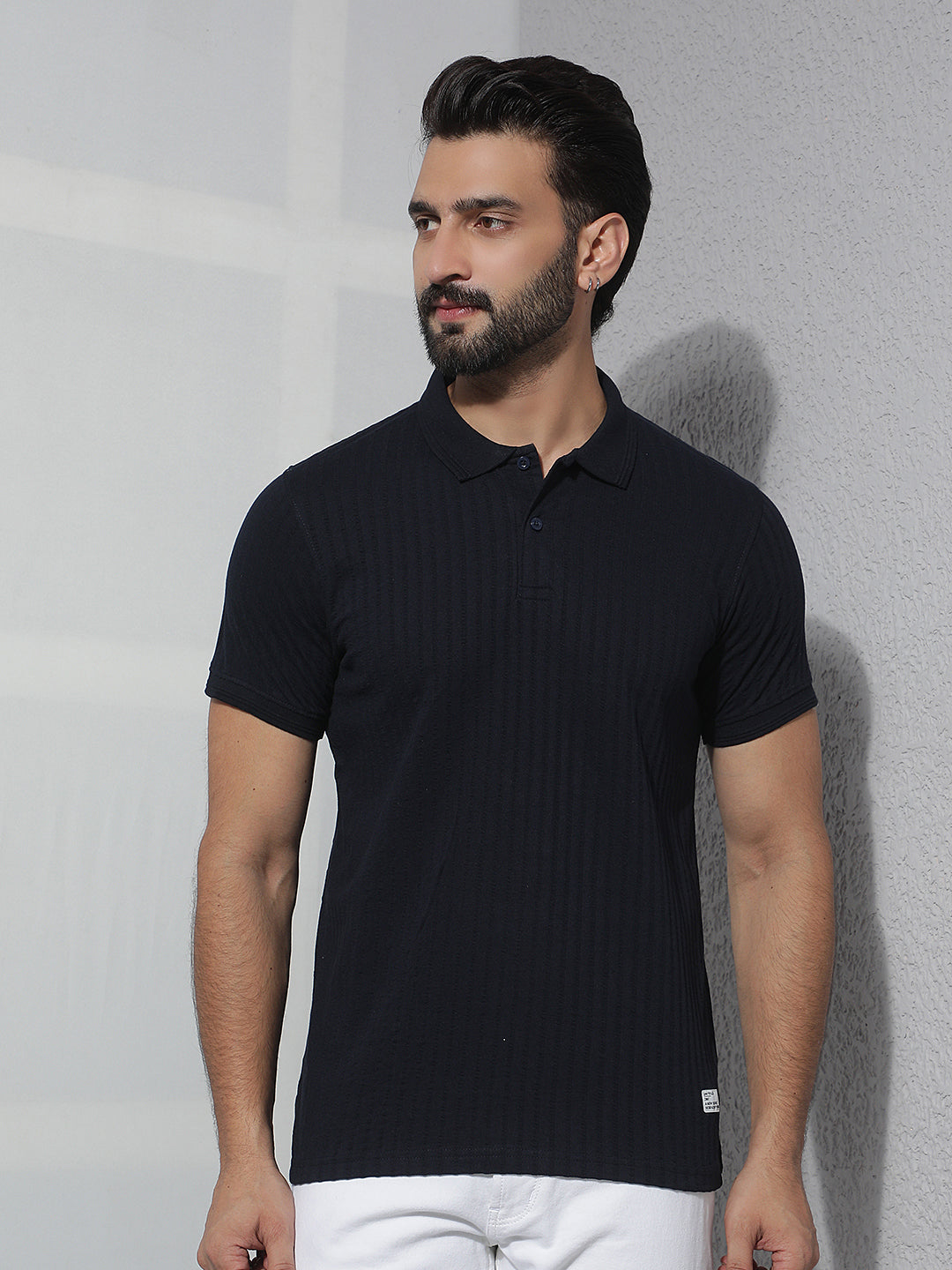 cobb navy blue solid polo neck t-shirt