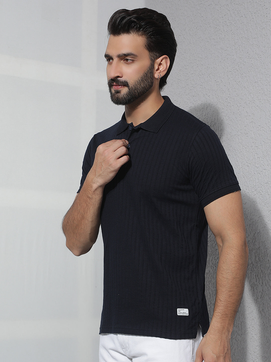 cobb navy blue solid polo neck t-shirt