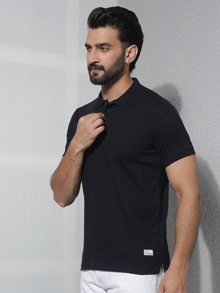 cobb navy blue solid polo neck t-shirt