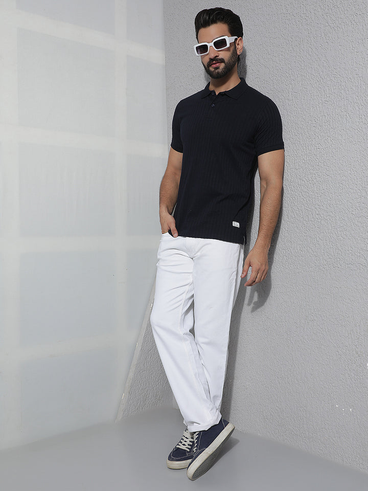COBB NAVY BLUE SOLID POLO NECK T-SHIRT