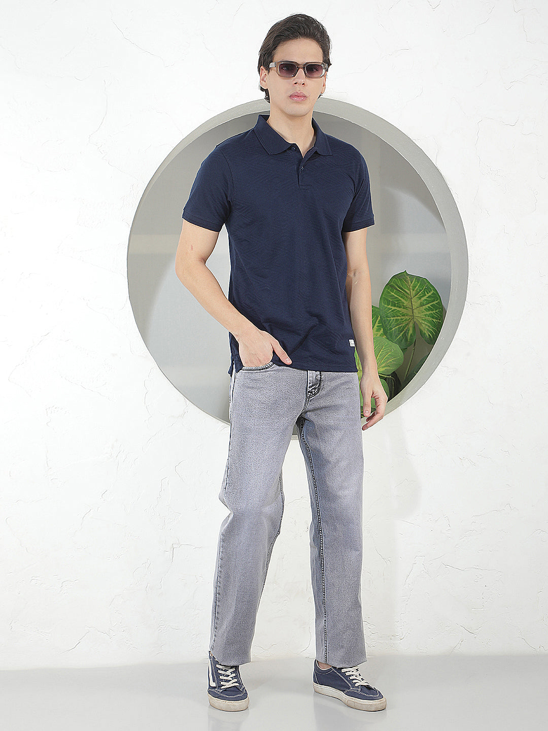 NAVY BLUE TEXTURED POLO T-SHIRT