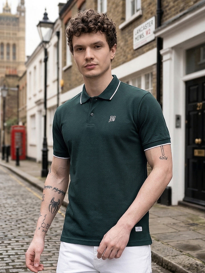 cobb botal green solid polo neck t-shirt