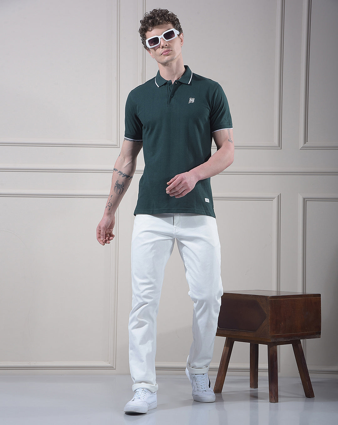 COBB BOTAL GREEN SOLID POLO NECK T-SHIRT