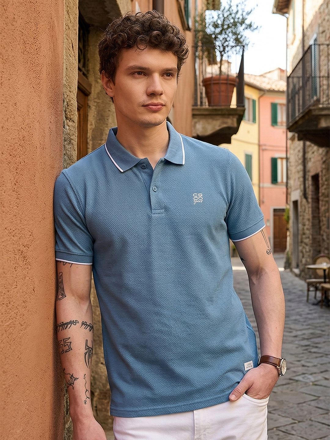 cobb blue solid polo neck t-shirt