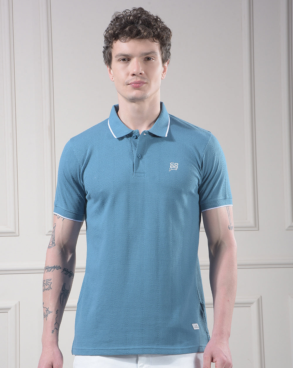 cobb blue solid polo neck t-shirt