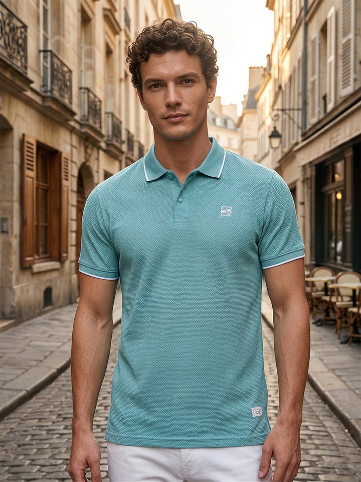 cobb sea green solid polo neck t-shirt