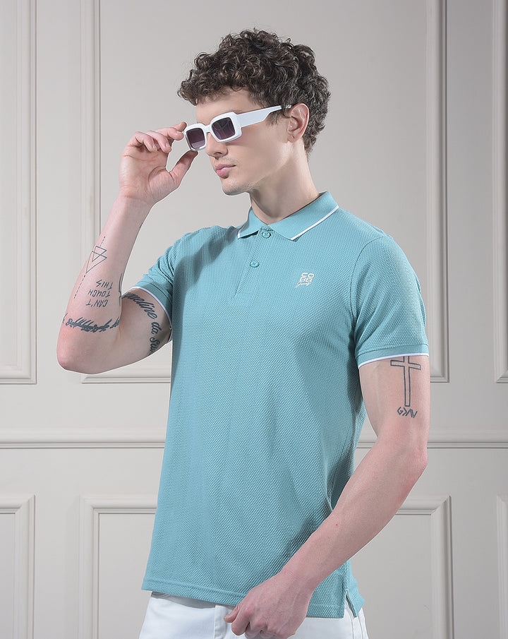 cobb sea green solid polo neck t-shirt