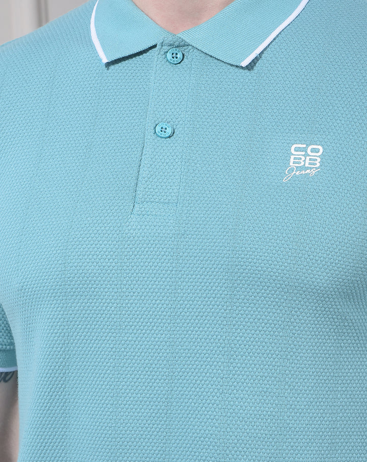 COBB SEA GREEN SOLID POLO NECK T-SHIRT