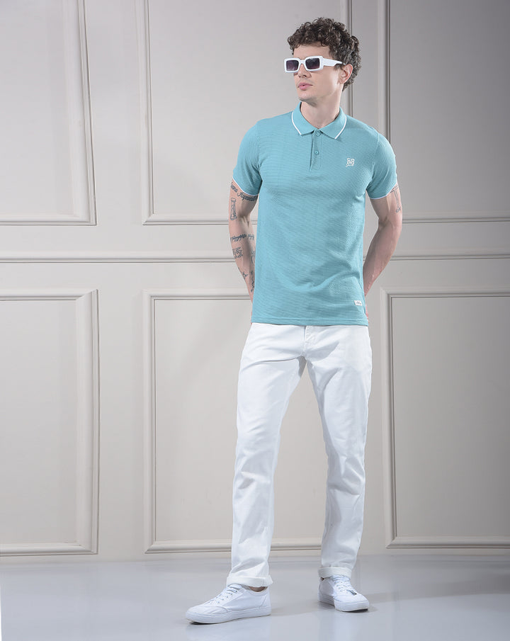 COBB SEA GREEN SOLID POLO NECK T-SHIRT