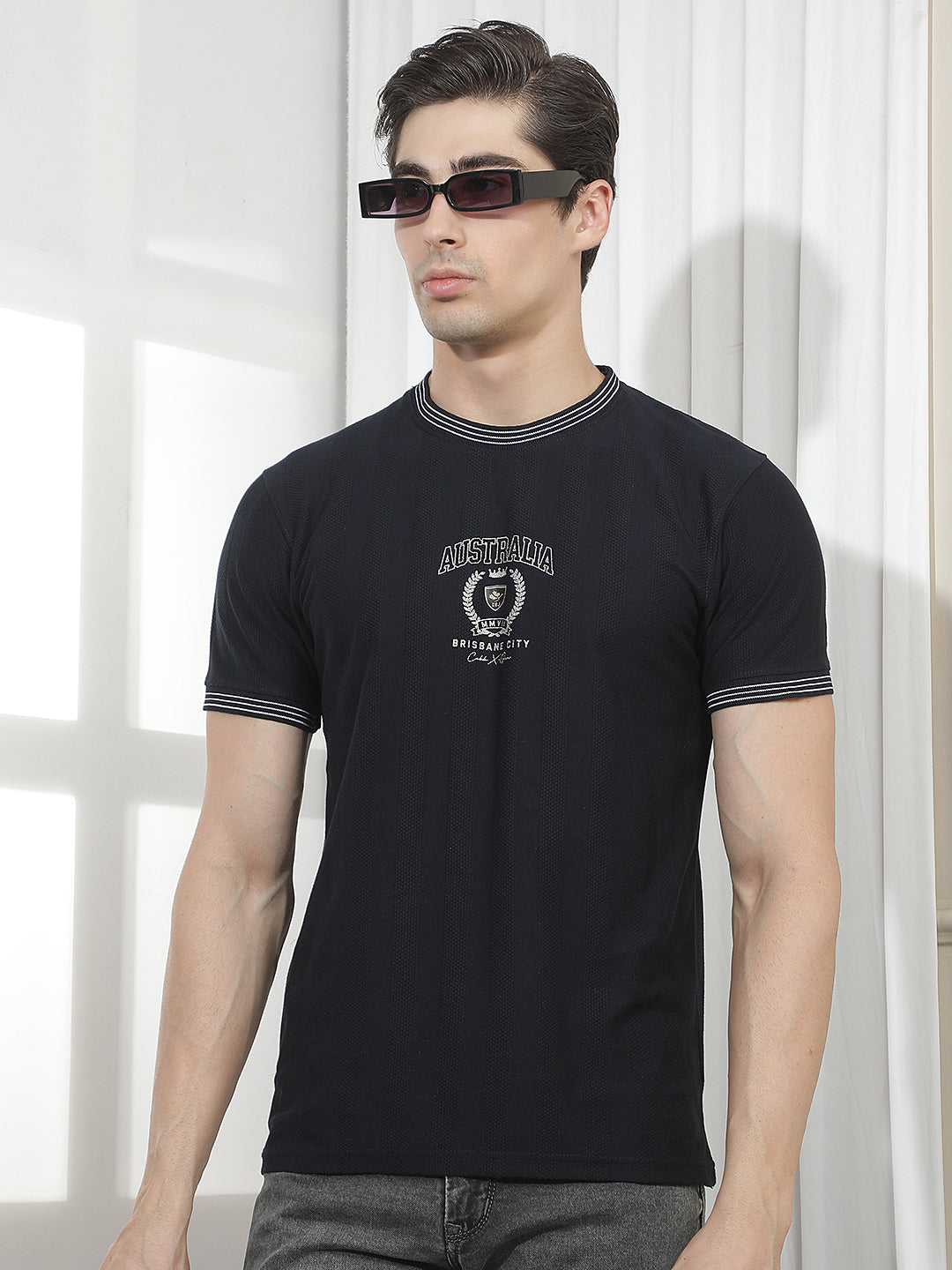 navy blue printed round tees