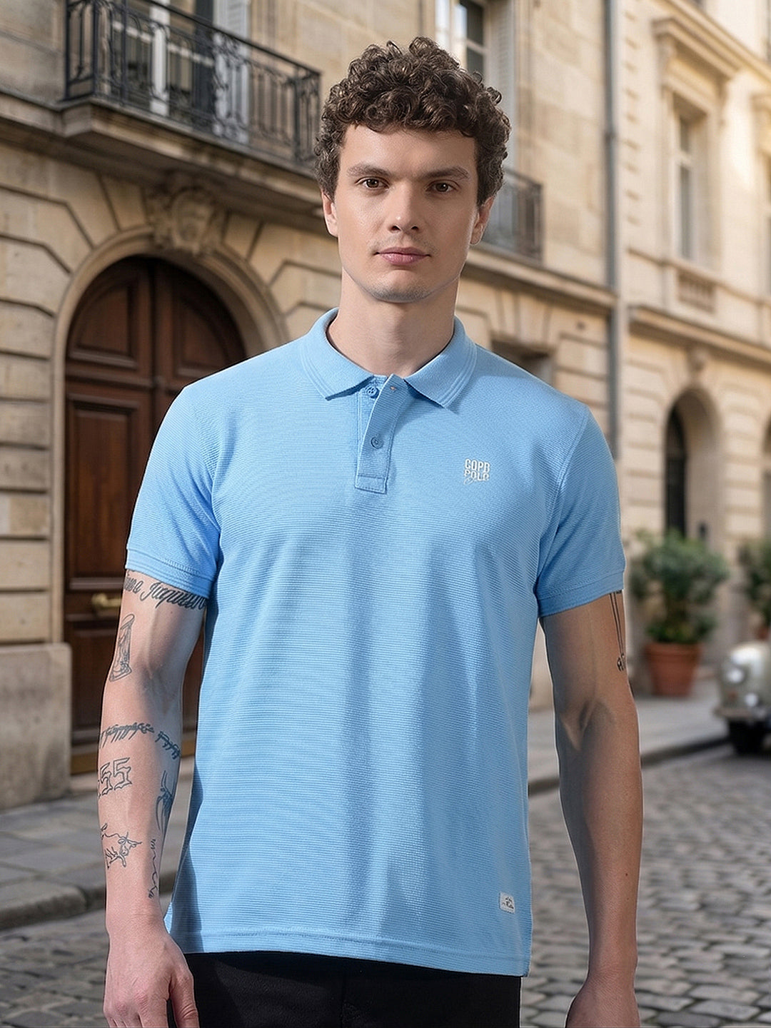 cobb sky blue striped polo neck t-shirt
