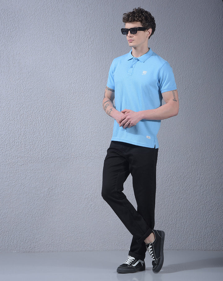 COBB SKY BLUE STRIPED POLO NECK T-SHIRT