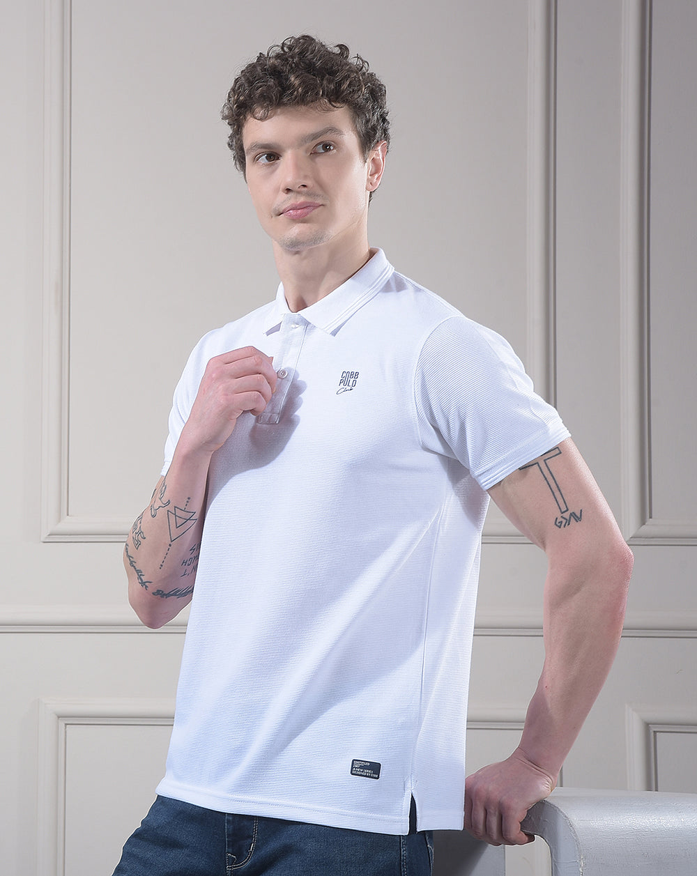 cobb white striped polo neck t-shirt