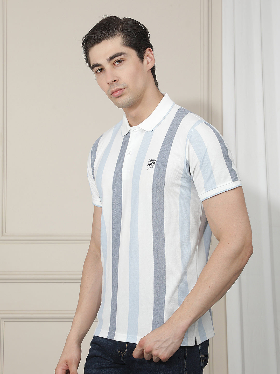 WHITE STRIPED POLO T-SHIRT