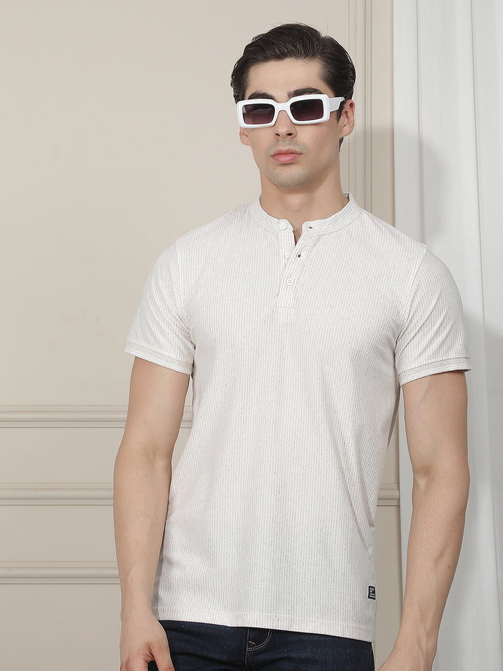 beige striped round tees