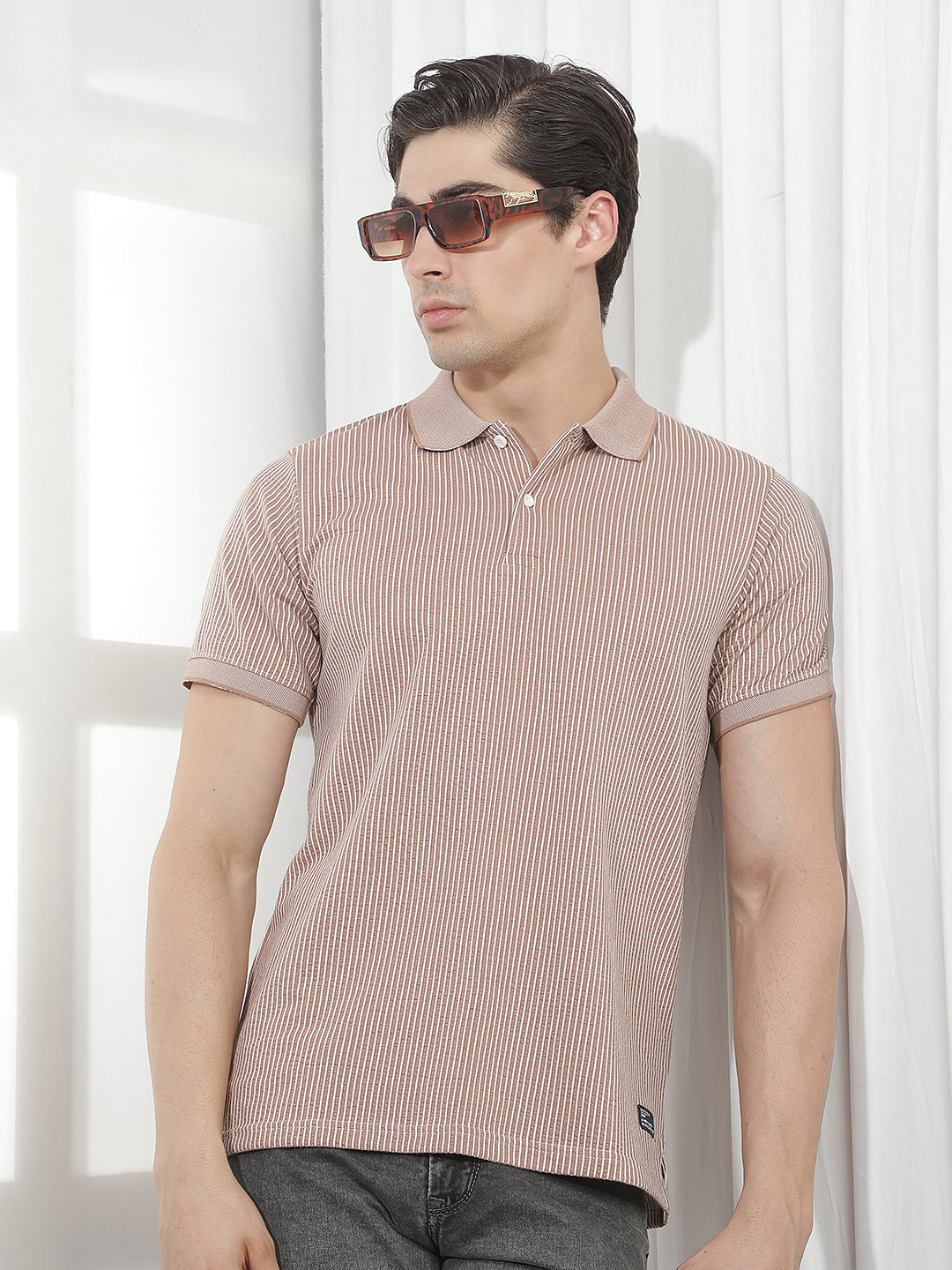 beige striped polo t-shirt