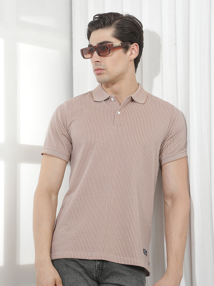 beige striped polo t-shirt