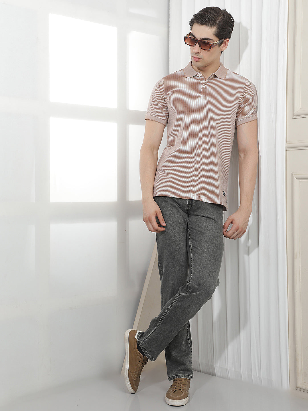 BEIGE STRIPED POLO T-SHIRT
