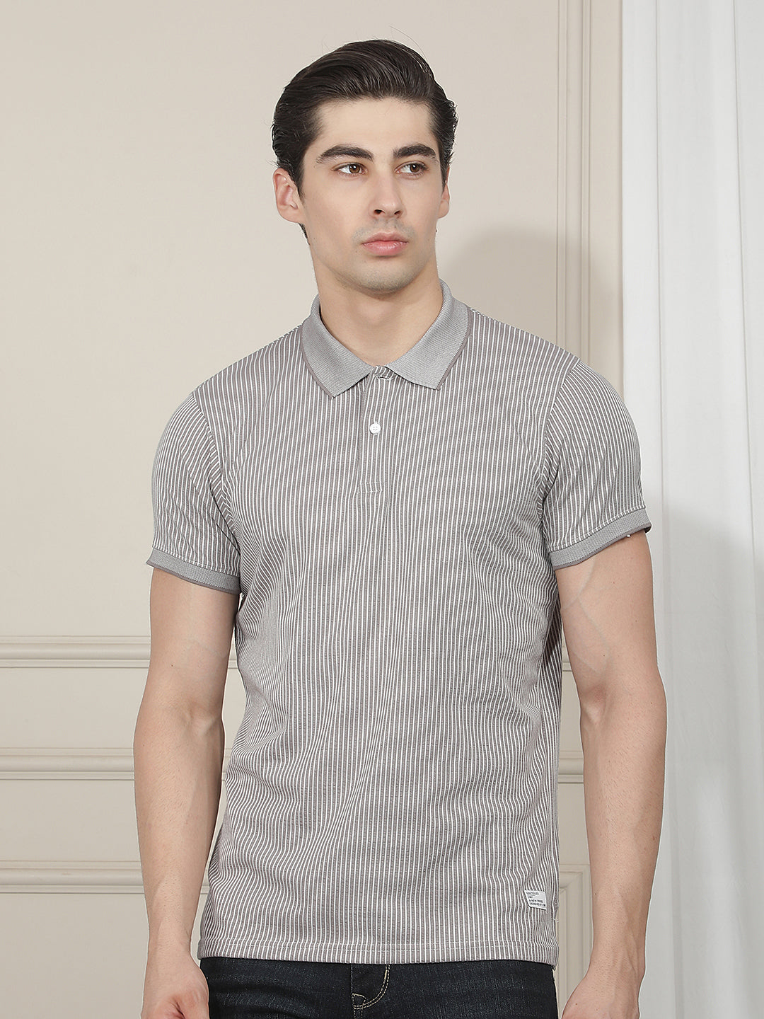 grey striped polo t-shirt