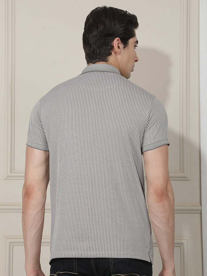grey striped polo t-shirt