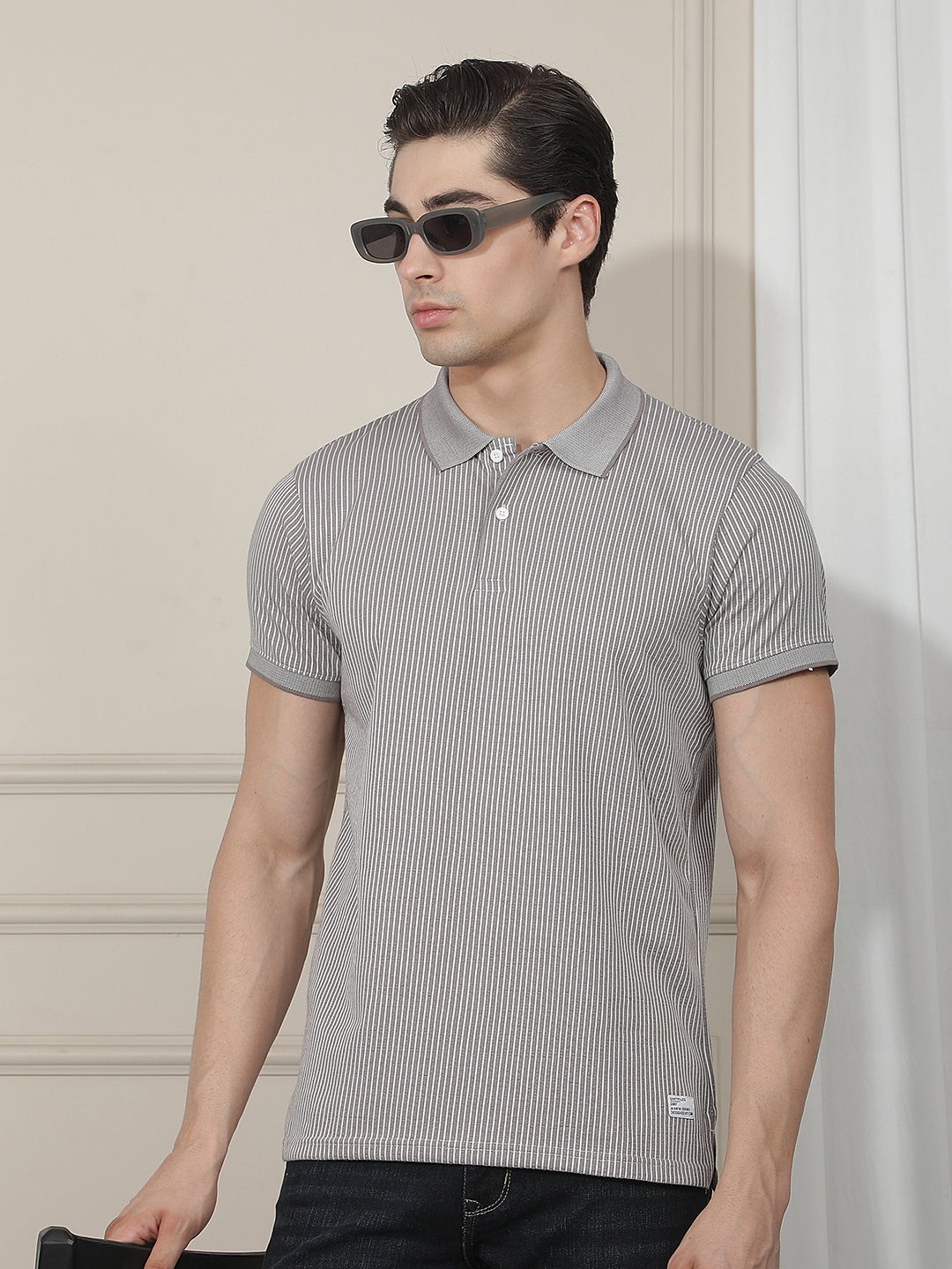GREY STRIPED POLO T-SHIRT