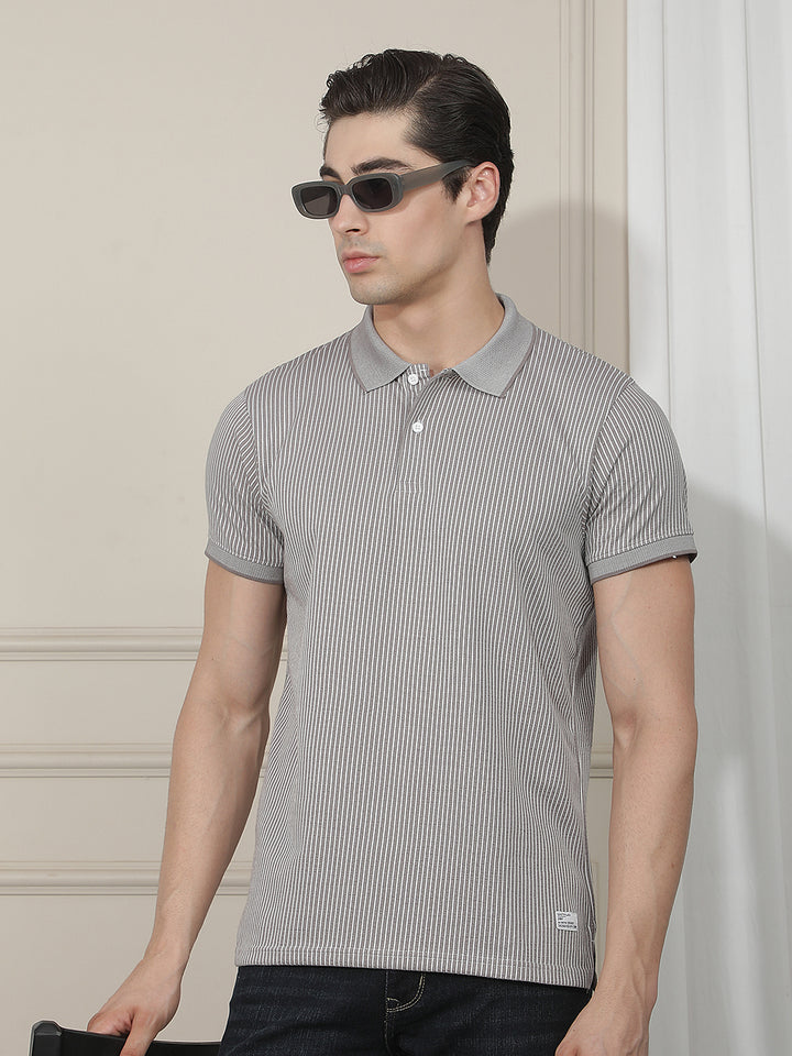 GREY STRIPED POLO T-SHIRT