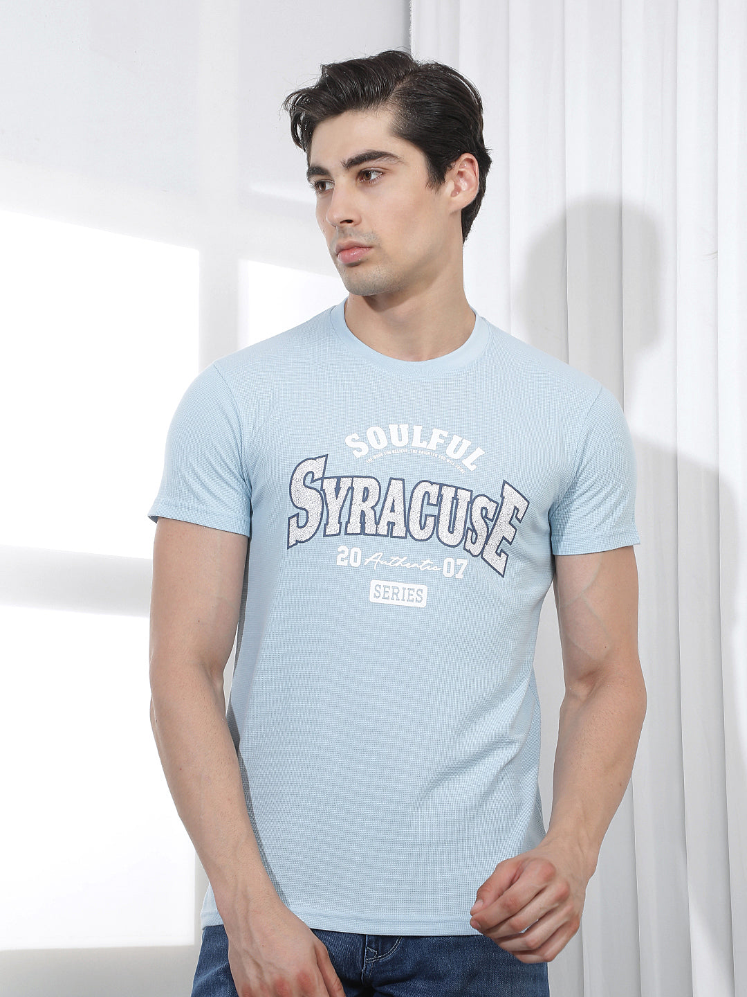sky blue printed round tees