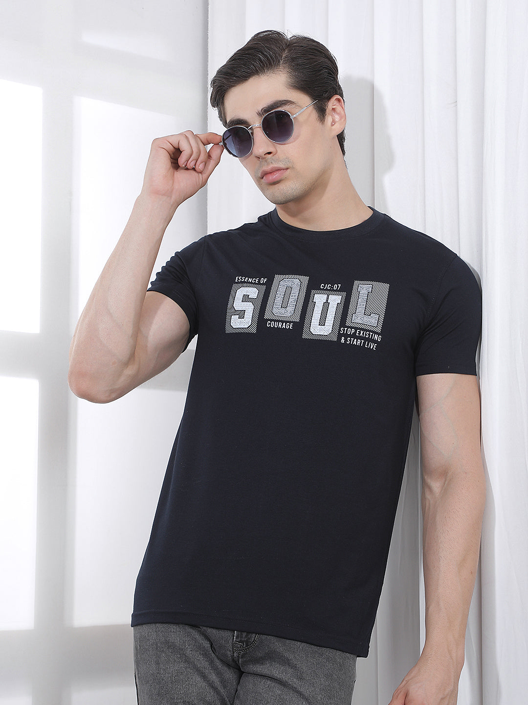 navy blue printed round tees