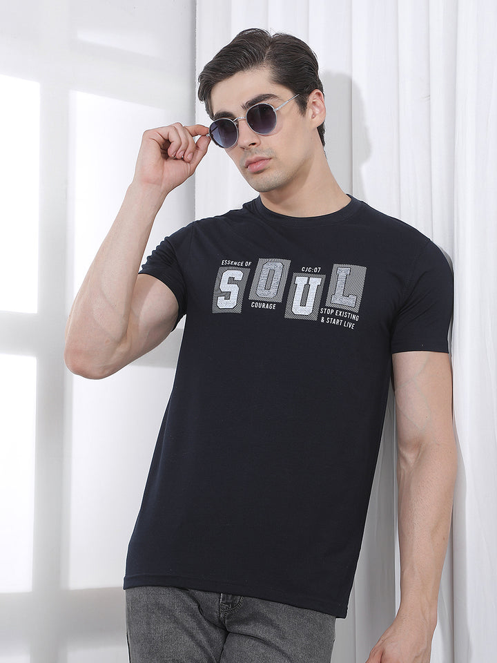 navy blue printed round tees