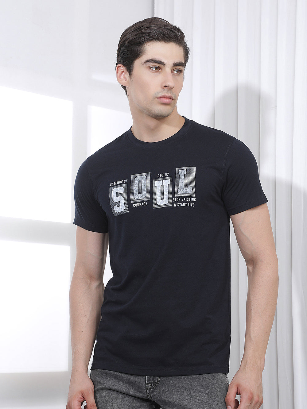 navy blue printed round tees