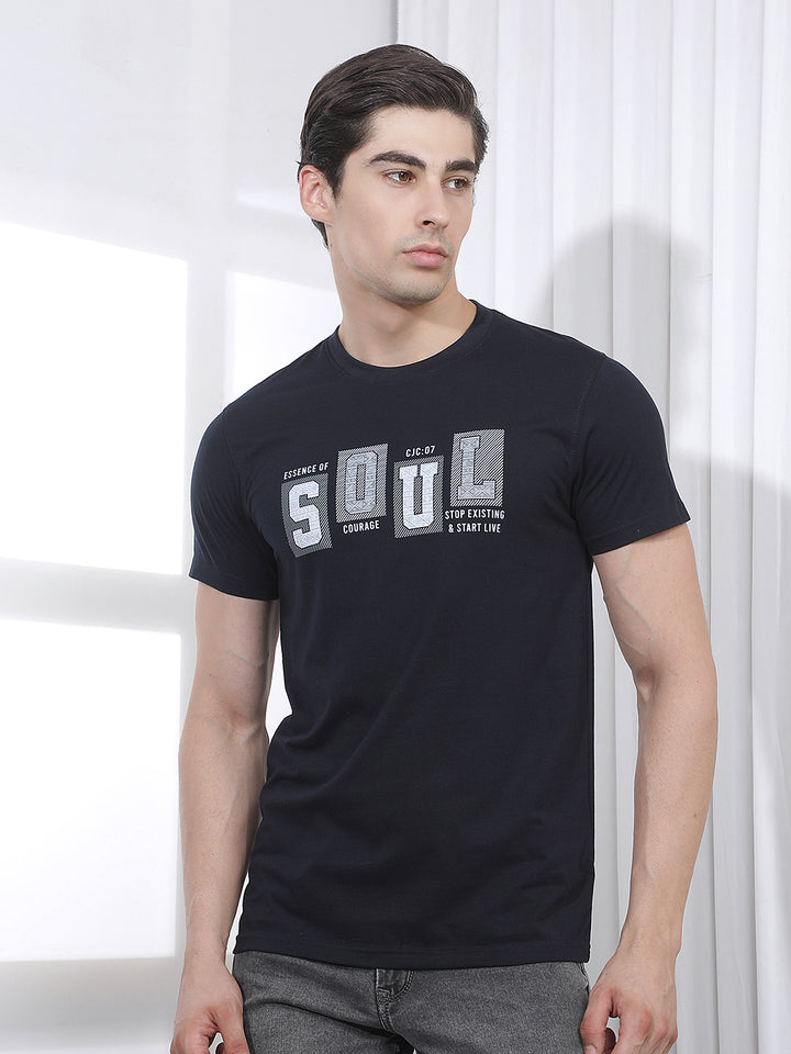 navy blue printed round tees