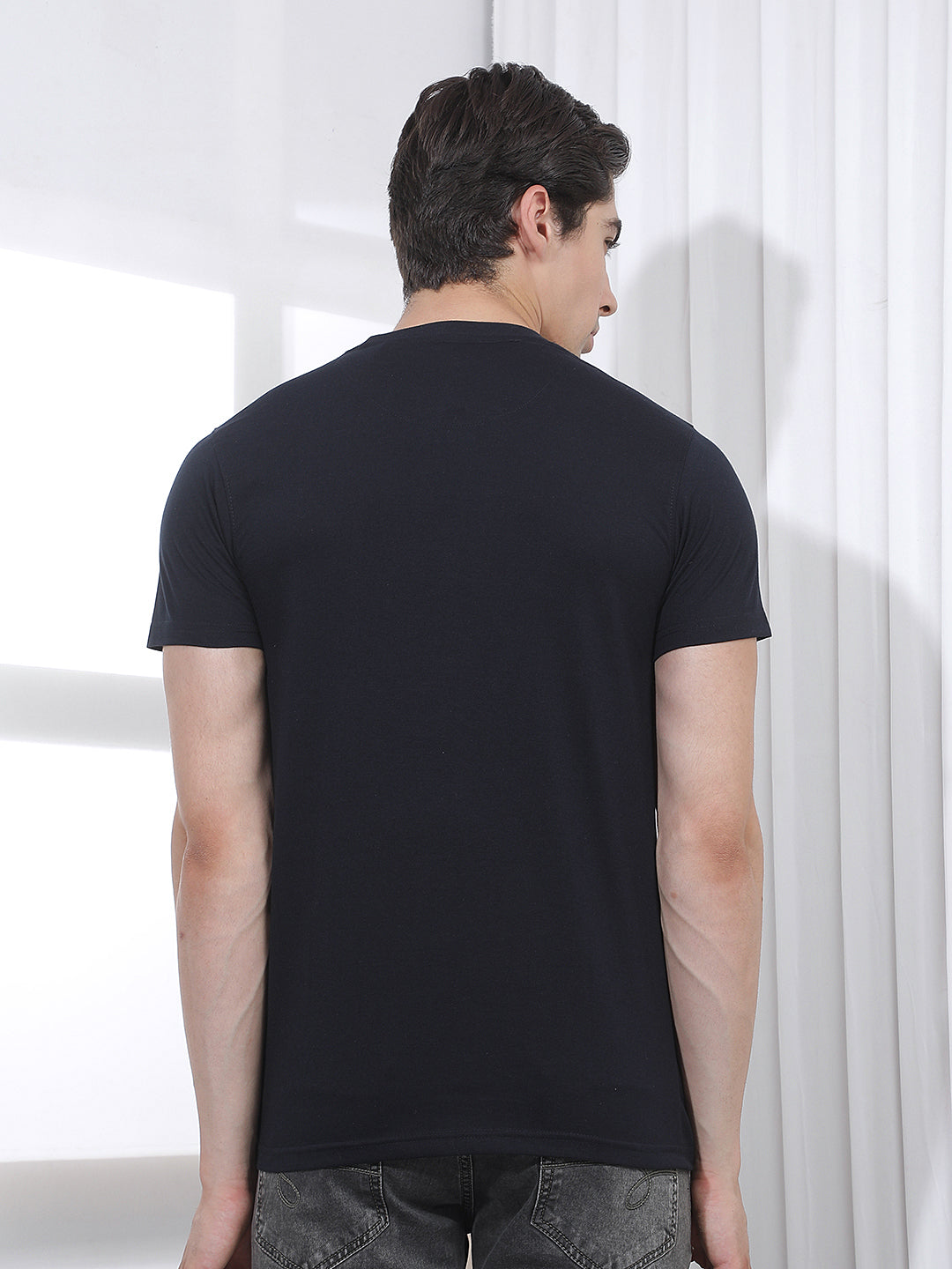 navy blue printed round tees
