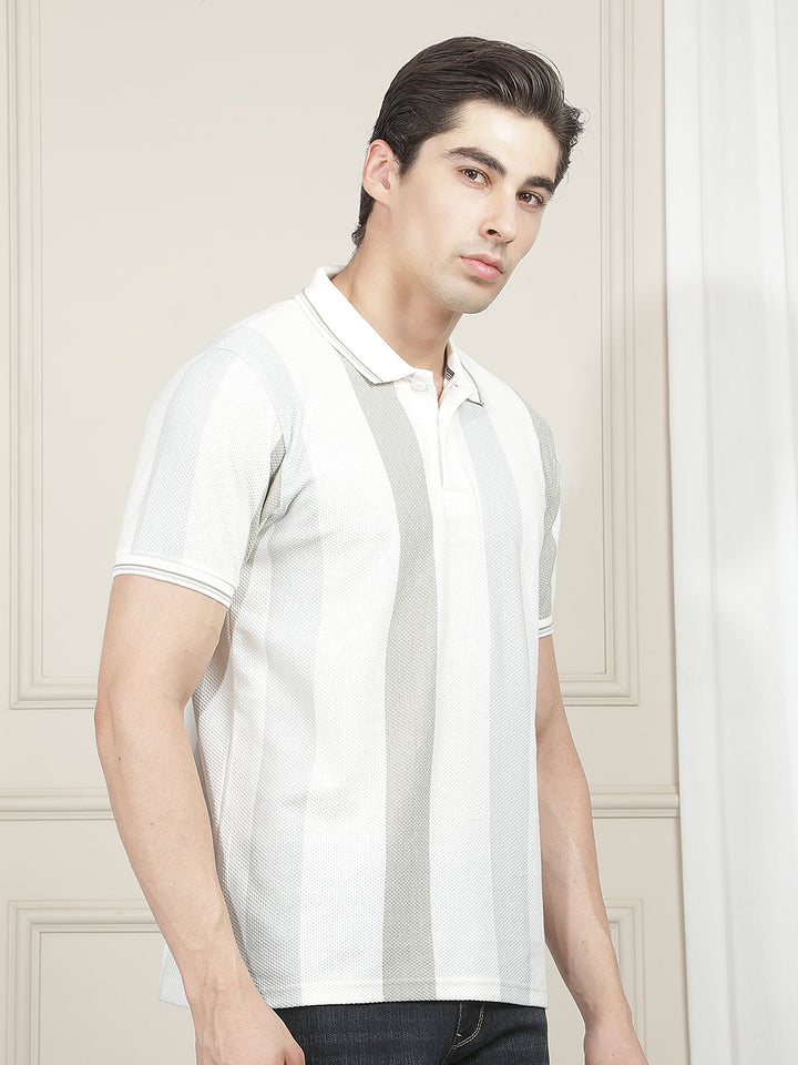 CREAM STRIPED POLO T-SHIRT